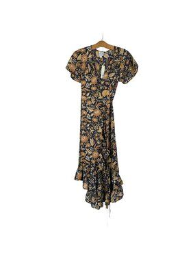 Blue Rain Wrap Dress Small Floral Flutter Sleeve Navy Blue Boho Cottagecore NEW